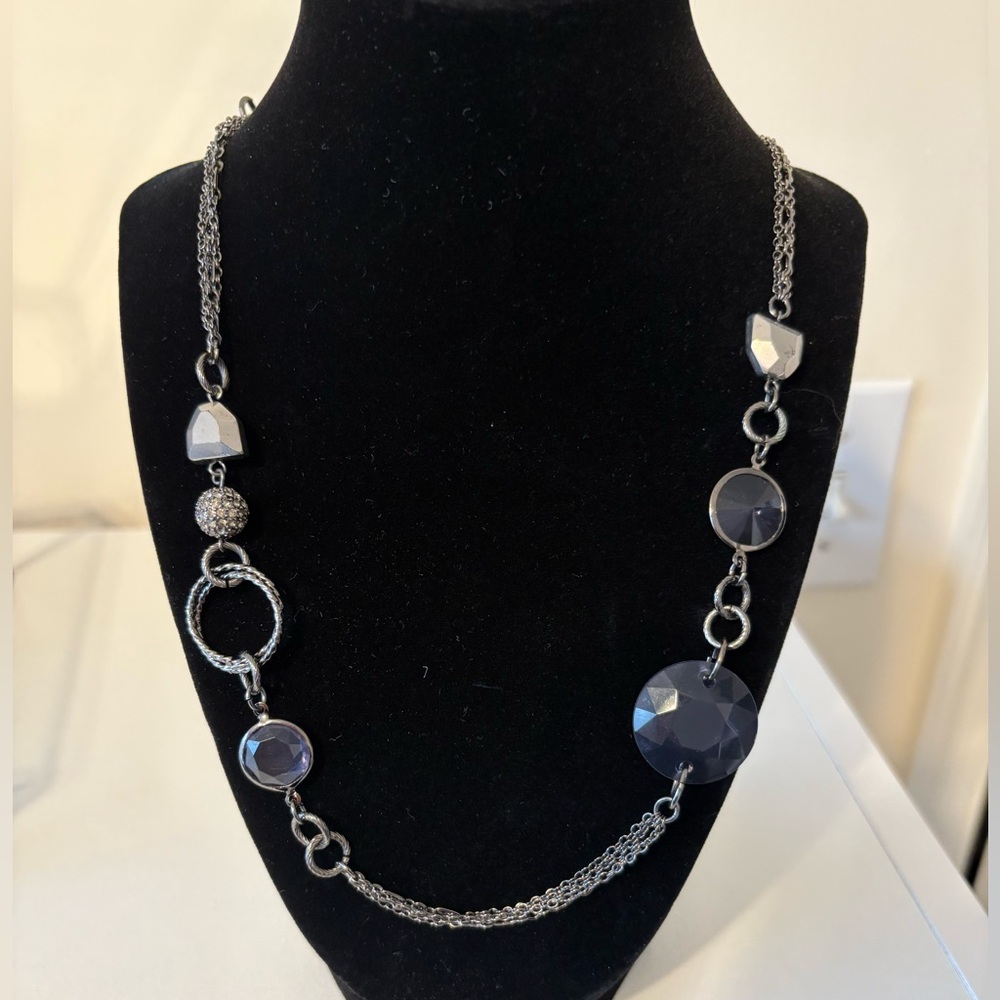 Lia Sophia Gun Metal Chain Station Blue Faceted Acrylic Bead Necklace